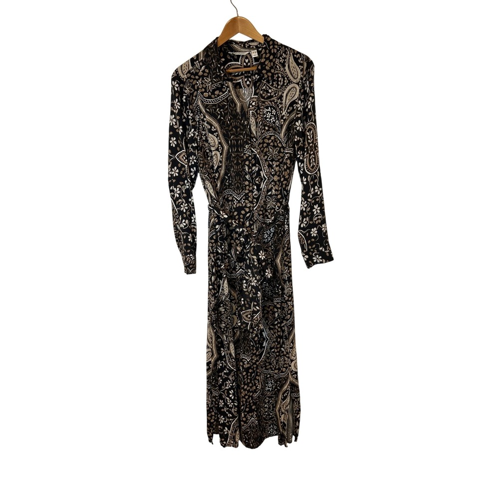 Canyon Retreat 1X Maxi Shirt Dress Black Beige Paisley Print‎ Long Sleeve